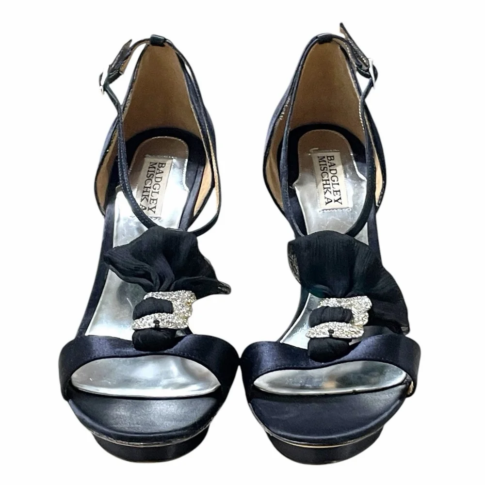 Badgley Mischka Women 10 Heels Open Toe Satin Rhinestone Stiletto Platform Black - Picture 4 of 16